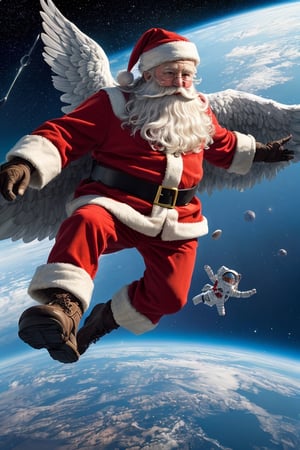 (Santa Claus has angelic wings and is flying:1.1), (Santa Claus, in holiday), ((out of the world, space))

((best quality)), ((masterpiece)), (detailed),  bold colors and lively textures that make the image pop. ((masterpiece)), absurdres, HDR