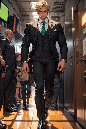 Muscular man with strong jaw blond hair tan skin and green eyes wearing a black and business suit, (Masterpiece), (4k), Enhance, (green eyes),niji, ((business suit)), dark fantasy,Dark fantasy v2, 1guy, glare, (Full body), ((tan skin)), (black suit)