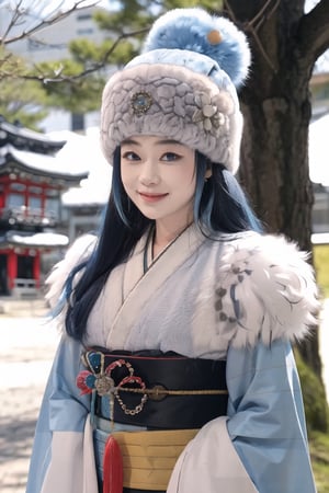 1girl, architecture, blue_eyes, blurry, blurry_background, building, cosplay_photo, depth_of_field, earrings, feather_boa, fur, fur-trimmed_coat, fur-trimmed_jacket, fur-trimmed_kimono, fur-trimmed_sleeves, fur_cape, fur_coat, fur_collar, fur_hat, fur_scarf, fur_trim, hat, japanese_clothes, jewelry, kimono, long_hair, blue hair, blue eyes, blush on, looking_at_viewer, outdoors, photo_\(medium\), pom_pom_\(clothes\), shrine, smile, solo, tree, upper_body, winter_clothes  ,keqingdef