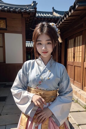 masterpiece, A beautiful korean girl, korean traditional costumes, short-hair, smile, korean traditional house,koh_yunjung, hanbok, hanbok skirt