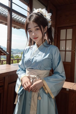 masterpiece, A beautiful korean girl, korean traditional costumes, short-hair, smile, korean traditional house,koh_yunjung, hanbok, hanbok skirt