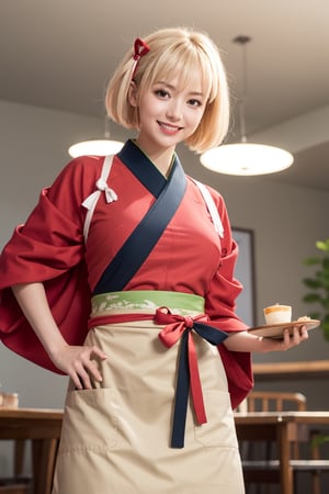 masterpiece, best quality, highres, aachisato, short hair, hair ribbon, japanese clothes, (red kimono:1.2), sash, (brown apron:1.2), , indoors, cafe, holding tray, smile,aachisato, (smile:1.2) ( shiny oil skin:1.0), cowboy_shot, curved body, (dynamic sexy pose:1.7), sexy body, (gigantic breast:1.2), 9 head length body, looking at viewer, from below,