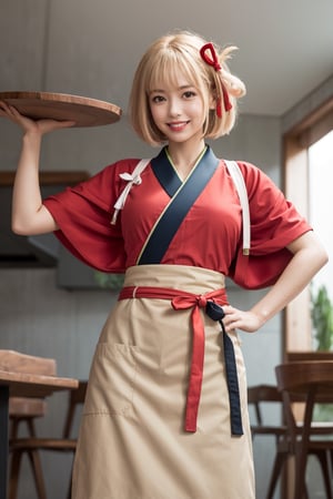 masterpiece, best quality, highres, aachisato, short hair, hair ribbon, japanese clothes, (red kimono:1.2), sash, (brown apron:1.2), , indoors, cafe, holding tray, smile,aachisato, (smile:1.2) ( shiny oil skin:1.0), cowboy_shot, curved body, (dynamic sexy pose:1.7), sexy body, (gigantic breast:1.2), 9 head length body, looking at viewer, from below,