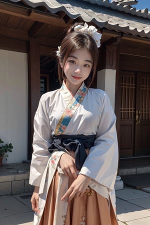 masterpiece, A beautiful korean girl, korean traditional costumes, short-hair, smile, korean traditional house,koh_yunjung, hanbok, hanbok skirt