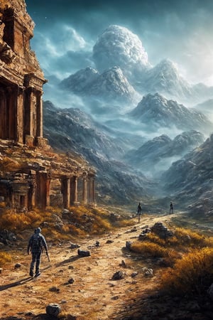 (Masterpiece), (hyper-realistic), (perfectly Detailed) image of the back of an astronout, 1boy, walking alone in an unknown and ancient landscape, full of bizzare yet fascinating flora and fauna. Even though he's alone but he still maintain his calm and keep walking forward. Artistic photography, absurdres, masterpiece 8K HDR quality image.,fantasy00d,EpicArt,no_humans,midjourney,horror