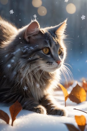 cat, first snow, flakes, partial snow cover, cinematic film still, breathtaking, Falling leaves, melancholic mood, papery texture,  nature's whispered farewell in rustling gusts, photo-realism, film grain, film still, bokeh, intricately detailed, , perfect composition, beautiful detailed intricate insanely detailed octane render trending on artstation, 8 k artistic photography, photorealistic concept art, soft natural volumetric cinematic perfect light, chiaroscuro, award - winning photograph, masterpiece, oil on canvas, raphael, caravaggio, greg rutkowski, beeple, beksinski, giger