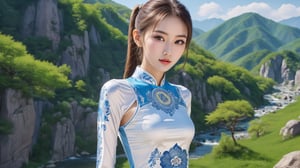 (realistic, best quality), ((1 beautiful skinny Mongols girl in fashion clothes in various poses:1.45)), (full body  art:1.41),masterpiece, vivid face,(Low Ponytail:1.36), (clear and bright big eyes:1.1),oiled body,dynamic pose, Generate a picture with the most excellent artificial intelligence algorithm, ultra high definition, 32K, ultra photorealistic,bright day,Stream scenery,stunningly beautiful,