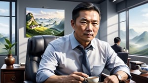 (Ultra realistic), best quality, (a handsome  middle-aged Chinese man facing the audience :1.41), , sitting in an office chair, making tea, the background ofLandscape painting,dynamic pose, using the best artificial intelligence algorithm to generate pictures, Ultra HD, 32K, ultra realistic, dramatic, High detail, more detail,