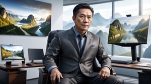 (Ultra realistic), best quality, (a handsome  middle-aged Chinese man facing the audience :1.41), , sitting in an office chair, the background ofLandscape painting,dynamic pose, using the best artificial intelligence algorithm to generate pictures, Ultra HD, 32K, ultra realistic, dramatic, High detail, more detail,