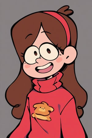 1girl, solo, long hair, looking at viewer, smile, open mouth, simple background, brown hair, long sleeves, brown eyes, upper body, :d, hairband, teeth, grey background, sweater, turtleneck, red hairband, female child, red sweater, Mabel Pines, (Gravity Falls)

(((Score_9, Score_8_up, Score_7_up, Score_6_up, Score_5_up, Score_4_up, standing posing really cute, upper body
