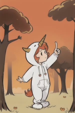 score_9, score_8_up, score_7_up, score_6_up, loli, child, 1 girl, wearing a white unicorn onesie with a unicorn horn and forse ears, ((hood on head) girl has orang hair medium lenth, girl is pointing at something far away, beautiful woods background