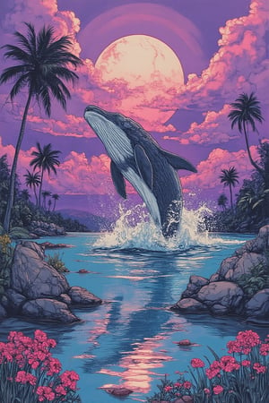 A whimsical scene in Yuko Shimizu's art style, Create high quality an image  a large whale is jumping from the sea, and water splash other way with such dramatic way, depicts a serene tropical landscape. The sky is painted with vibrant shades of purple, creating a warm and inviting atmosphere. This green hue is beautifully reflected in the calm body of water below, enhancing the tranquil feel of the scene. In the foreground. The purple sky is adorned with clouds and a large moon, adding depth and interest to the composition. The contrast between the bright sky and the darker silhouettes of the landscape elements creates a striking visual effect, the image evokes a sense of peace and tranquility, making it a perfect representation of a tropical paradise.