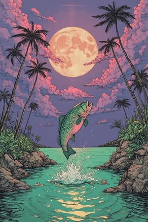 A whimsical scene in Yuko Shimizu's art style, Create high quality an image  a large marlyn fish is jumping from the sea, and water splash other way with such dramatic way, depicts a serene tropical landscape. The sky is painted with vibrant shades of purple, creating a warm and inviting atmosphere. This green hue is beautifully reflected in the calm body of water below, enhancing the tranquil feel of the scene. In the foreground. The purple sky is adorned with clouds and a large moon, adding depth and interest to the composition. The contrast between the bright sky and the darker silhouettes of the landscape elements creates a striking visual effect, the image evokes a sense of peace and tranquility, making it a perfect representation of a tropical paradise.