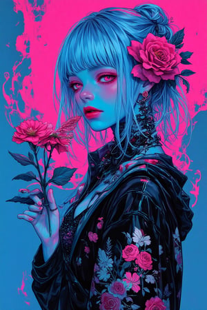 a woman with tattoos and a flower in her hair, wearing a black outfit and holding a flower in her hand, Artgerm, blue and pink color scheme, cyberpunk art, synchromism, masterpiece, best quality, aesthetic,