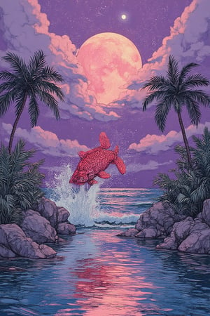 A whimsical scene in Yuko Shimizu's art style, Create high quality an image  a large marlyn fish is jumping from the sea, and water splash other way with such dramatic way, depicts a serene tropical landscape. The sky is painted with vibrant shades of purple, creating a warm and inviting atmosphere. This green hue is beautifully reflected in the calm body of water below, enhancing the tranquil feel of the scene. In the foreground. The purple sky is adorned with clouds and a large moon, adding depth and interest to the composition. The contrast between the bright sky and the darker silhouettes of the landscape elements creates a striking visual effect, the image evokes a sense of peace and tranquility, making it a perfect representation of a tropical paradise.