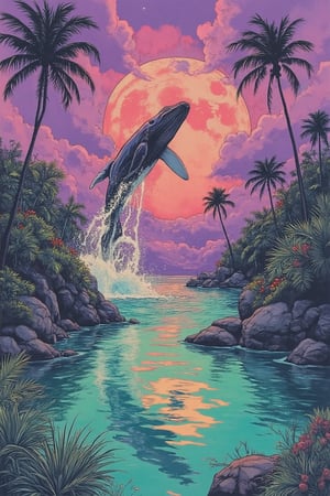 A whimsical scene in Yuko Shimizu's art style, Create high quality an image  a large whale is jumping from the sea, and water splash other way with such dramatic way, depicts a serene tropical landscape. The sky is painted with vibrant shades of purple, creating a warm and inviting atmosphere. This green hue is beautifully reflected in the calm body of water below, enhancing the tranquil feel of the scene. In the foreground. The purple sky is adorned with clouds and a large moon, adding depth and interest to the composition. The contrast between the bright sky and the darker silhouettes of the landscape elements creates a striking visual effect, the image evokes a sense of peace and tranquility, making it a perfect representation of a tropical paradise.