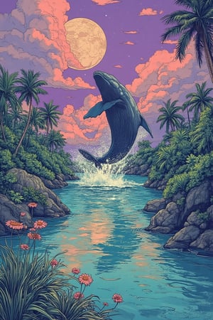 A whimsical scene in Yuko Shimizu's art style, Create high quality an image  a large whale is jumping from the sea, and water splash other way with such dramatic way, depicts a serene tropical landscape. The sky is painted with vibrant shades of purple, creating a warm and inviting atmosphere. This green hue is beautifully reflected in the calm body of water below, enhancing the tranquil feel of the scene. In the foreground. The purple sky is adorned with clouds and a large moon, adding depth and interest to the composition. The contrast between the bright sky and the darker silhouettes of the landscape elements creates a striking visual effect, the image evokes a sense of peace and tranquility, making it a perfect representation of a tropical paradise.