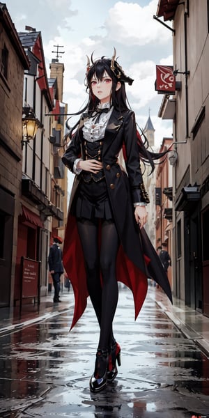 ultra detailed 8k cg, 1girl, fantasy style, hll,black pantyhose, full body shot, high heels, ((tailcoat)) suit, tophat, monocol, outdoors in victorian era england, dynamic pose, rain,Caera