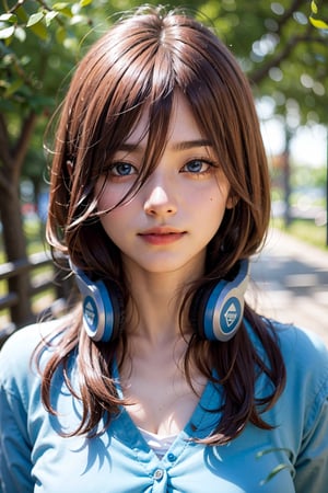 ((masterpiece, 8k, RAW, ultra realistic)), miku nakano, enjoying breakfast before school, long hair, bangs, blue eyes, brown hair, shirt, hair between eyes, shy smile, headphones, blue cardigan, white shirt, GREEN SKIRT, headphones around neck,
,MIKU NAKANO,Realism,Portrait