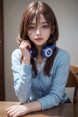 ((masterpiece, 8k, RAW, ultra realistic)), miku nakano, enjoying breakfast before school, long hair, bangs, blue eyes, brown hair, shirt, hair between eyes, shy smile, headphones, blue cardigan, white shirt, GREEN SKIRT, headphones around neck,
,MIKU NAKANO,Realism,Portrait