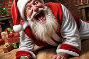 santa laughing hilariously, santa is on the floor laughing very hard, raw, high_resolution, highly detailed, hdr, masterpiece, realistic, ultra realistic, detailed image, detailed skin