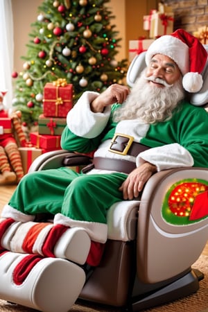 santa sitting on his massage chair enjoying his massage, he has a relaxation expression, enjoying his massage, there are christmas gift boxes in the background and a christmas tree, (the elves are helping santa decorate his room)