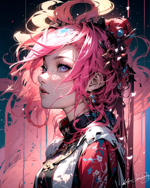 
a close up of a woman with pink hair and a pink wig, glowing pink face, headpiece, earrings, jewellery, beeple and jeremiah ketner, magenta lighting. fantasy, beautiful digital artwork, gorgeous digital art, jen bartel, anime girl with cosmic hair, stunning digital illustration, digital cyberpunk - anime art, neon light and fantasy, magical art, fantasy art, divine, god's power, glowing, shine, glare, ambient lighting, beautiful digital art, yaemikodef