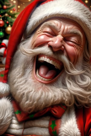 santa laughing hilariously, santa is on the floor laughing very hard, raw, high_resolution, highly detailed, hdr, masterpiece, realistic, ultra realistic, detailed image, detailed skin