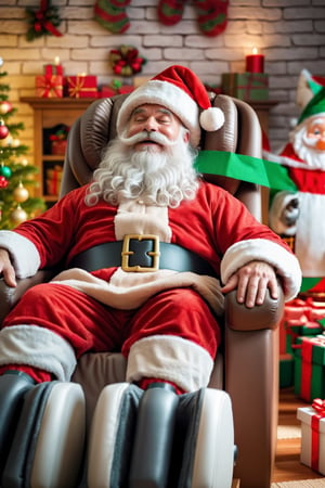 santa sitting on his massage chair enjoying his massage, he has a relaxation expression, enjoying his massage, there are christmas gift boxes in the background and a christmas tree, (the elves are helping santa decorate his room)