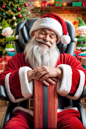 santa sitting on his massage chair enjoying his massage, he has a relaxation expression, enjoying his massage, there are christmas gift boxes in the background and a christmas tree, (the elves are helping santa decorate his room)