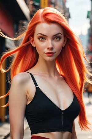 RAW photo, a portrait photo of a woman, elf ears, pointy ears, yellow eyes, super long hair, cute face, smooth skin, young, 25 years,  pale skin,  red hair, cropped top, yoga pants, natural skin, 8k uhd, high quality, film grain, Fujifilm XT3, bitting lip, light smile, in a city, , (Anya Taylor-Joy:0.3), photorealistic, full body, selfire, looking at viewer, hair split in half