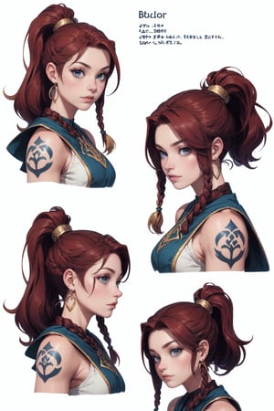 1girl, auburn hair, dwarf, fantasy, viking style, large gold earrings, short, muscular, dwarven tattoos, character sheet, white background, large braids over shoulders, high ponytail, hazel eyes, pale skin
