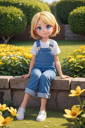 
Girl, six years old, medium blonde hair, blue eyes, white overalls, clean white, sitting in a garden of yellow flowers