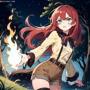 (masterpiece), high quality, 10 year old girl, solo, anime style, messy long hair, red hair, contemptuous look, pitch black silk medieval blouse, long sleeves, brown shorts, brown high waist boots, green cyan right eye, burned left eye, charred left eye, black left eye, gray left pupil, burn scar on left eye, glowing right eye, angry eyes, green aura, night forest background., pokemovies