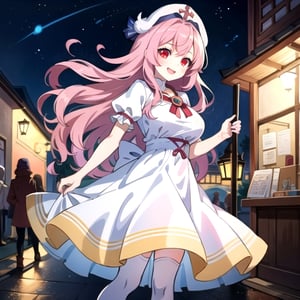(masterpiece), high quality, 13 year old girl, solo, anime style, long wavy hair, light fucsia hair, joyful look, white medieval elegant dress, long white stockings, big sized breasts, red eyes, glowing eyes, pink aura, night medieval city background., pokemovies