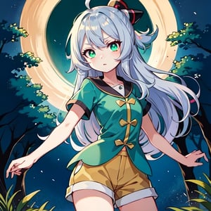 (masterpiece), high quality, 8 year old girl, solo, anime style, messy long hair, light gray hair, expressionless look, green silk steampunk shirt, brown shorts, light green eyes, glowing eyes, green aura, night forest background., pokemovies, wally, allister \(pokemon\), pokemon,regulus_corneas,ngnlshiro