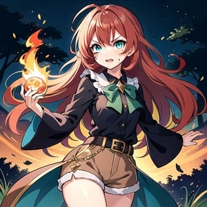 (masterpiece), high quality, 10 year old girl, solo, anime style, messy long hair, red hair, contemptuous look, pitch black silk medieval blouse, long sleeves, brown shorts, brown high waist boots, green cyan right eye, burned black left eye, charred left eye, glowing right eye, angry eyes, green aura, night forest background., pokemovies