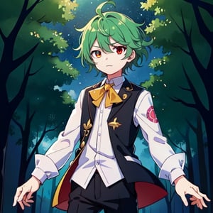 (masterpiece), high quality, 10 year old boy, solo, anime style, mid hair, deep dark green hair, scared look, brown leather medieval waistcoat, white silk shirt, black pants, heterochromia, green right eye, yellow left eye, glowing eyes, green aura, night forest background., pokemovies, wally, allister \(pokemon\), pokemon,Komaeda_Nagito