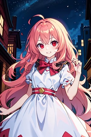 (masterpiece), high quality, 13 year old girl, solo, anime style, long wavy hair, fluorescent magenta hair, joyful look, white medieval elegant dress, red eyes, glowing eyes, fuchsia aura, night medieval city background., pokemovies,seraphine