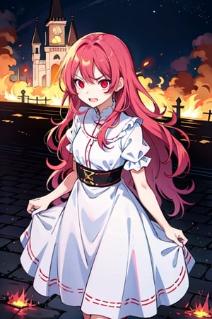 (masterpiece), high quality, 14 year old girl, solo, anime style, long wavy hair, fluorescent magenta hair, joyful, obsessive and angry look, white medieval elegant dress covered in blood, red eyes, glowing eyes, fuchsia aura, night medieval ruined city burning to the ground background., pokemovies,seraphine