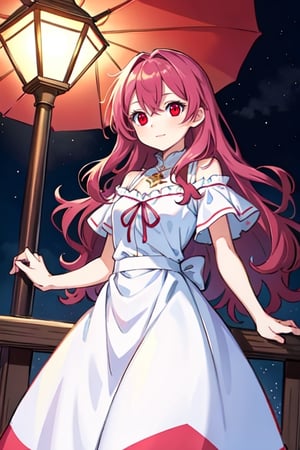 (masterpiece), high quality, 12 year old girl, solo, anime style, long wavy hair, fluorescent fucsia magenta hair, joyful look, white medieval elegant dress, red eyes, glowing eyes, fuchsia aura, night medieval city background., pokemovies,seraphine