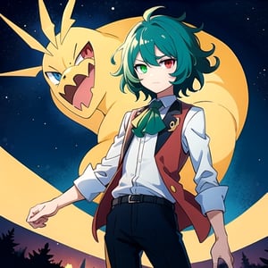 (masterpiece), high quality, 10 year old boy, solo, anime style, mid hair, deep dark green hair, scared look, brown leather medieval waistcoat, white silk shirt, black pants, heterochromia, green left eye, yellow right eye, glowing eyes, green aura, night forest background., pokemovies, wally, allister \(pokemon\), pokemon,Komaeda_Nagito