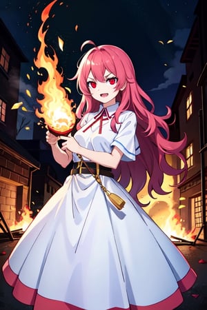 (masterpiece), high quality, 14 year old girl, solo, anime style, long wavy hair, fluorescent magenta hair, joyful, obsessive and angry look, white medieval dress covered in ashes, red eyes, glowing eyes, fuchsia aura, night medieval ruined city burning to the ground background., pokemovies,seraphine