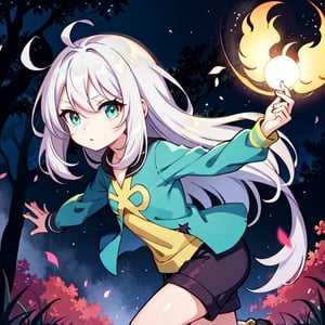 (masterpiece), high quality, 8 year old girl, solo, anime style, messy long hair, light gray hair, expressionless look, light green silk medieval shirt, purple long sleeves, dark brown shorts, light green eyes, glowing eyes, green psychic aura, night forest background., pokemovies, wally, allister \(pokemon\), pokemon,regulus_corneas,ngnlshiro