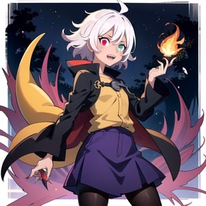 (masterpiece), high quality, 19 year old trap dark elf, solo, anime style, dark skin, mid hair, gray hair, confident look, sharp teeth, sharp claws, purple medieval long sleeves shirt, purple tights, heterochromia, medieval black leather coat, red eyes, glowing eyes, red aura, night forest background., pokemovies, wally, allister \(pokemon\),Komaeda_Nagito,son goku,Naruto uzumaki ,1utf1,otoko_no_ko,kaga(everlasting killing stone),faputa,mare bello fiore,kyokodg