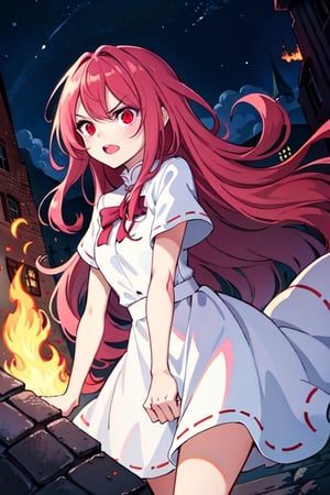 (masterpiece), high quality, 14 year old girl, solo, anime style, long wavy hair, fluorescent magenta hair, obsessive and angry look, white medieval elegant dusty dress, red eyes, glowing eyes, fuchsia aura, night medieval ruined city burning to the ground background., pokemovies,seraphine