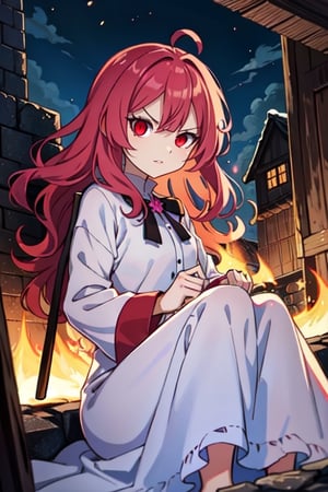 (masterpiece), high quality, 14 year old girl, solo, anime style, long wavy hair, fluorescent magenta hair, obsessive and angry look, white medieval torn dress covered in ashes, red eyes, glowing eyes, fuchsia aura, night medieval ruined city burning to the ground background., pokemovies,seraphine