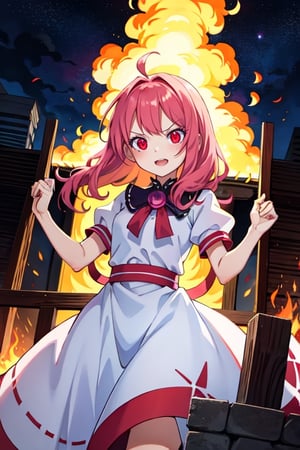 (masterpiece), high quality, 14 year old girl, solo, anime style, long wavy hair, fluorescent magenta hair, obsessive and angry look, white medieval elegant dusty dress, red eyes, glowing eyes, fuchsia aura, night medieval ruined city burning to the ground background., pokemovies,seraphine