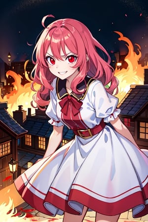 (masterpiece), high quality, 14 year old girl, solo, anime style, long wavy hair, fluorescent magenta hair, obsessive and angry look, maniac smile, covered in blood, white medieval elegant dress, red eyes, glowing eyes, fuchsia aura, night medieval ruined city burning to the ground background., pokemovies,seraphine