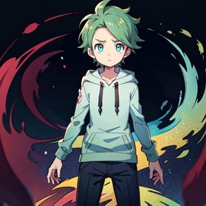 (masterpiece), high quality, 10 year old boy, solo, anime style, mid hair, dark green hair, worried look, dark blue hoodie, black pants, light green eyes, glowing eyes, green aura.,pokemovies,wally,allister \(pokemon\),pokemon